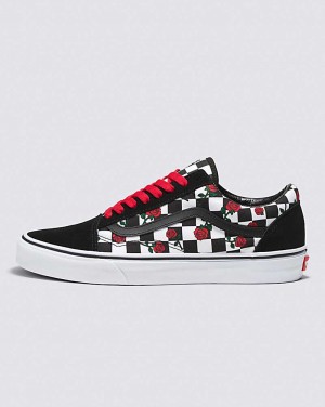 Women's Vans Customs Checkerboard Old Skool Roses Shoes Black Red | USA UYD-036194