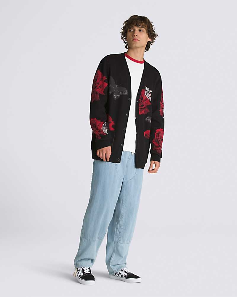 Men's Vans Composite Rose Jacquard Cardigan Sweater Black | USA RKP-163487