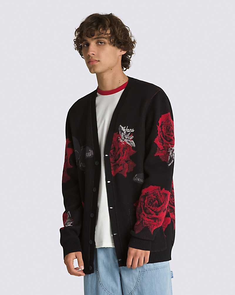 Men\'s Vans Composite Rose Jacquard Cardigan Sweater Black | USA RKP-163487