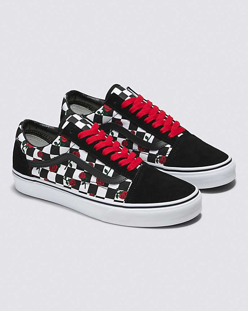 Men's Vans Customs Checkerboard Old Skool Roses Shoes Black Red | USA JGA-604835