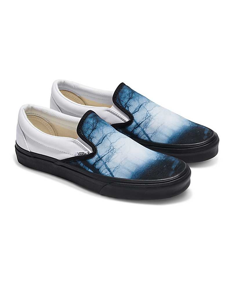 Men's Vans Customs Image Library Creepy Woods Slip-On Shoes Blue Black White | USA SNJ-730924