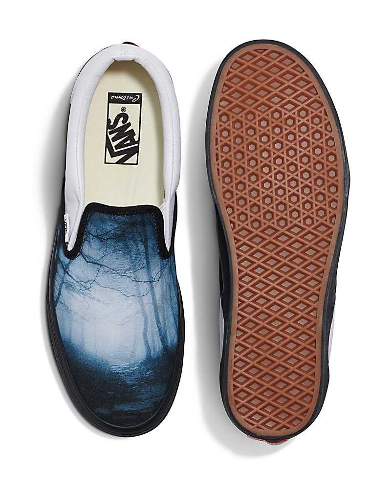 Men's Vans Customs Image Library Creepy Woods Slip-On Shoes Blue Black White | USA SNJ-730924