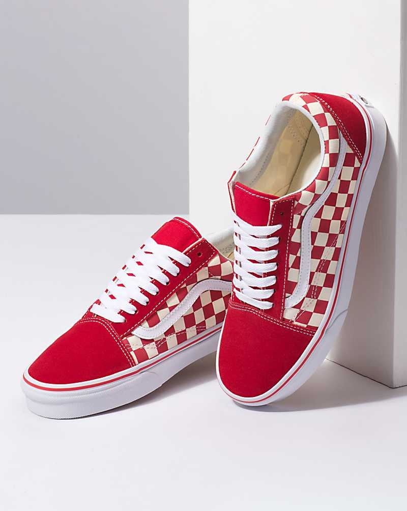 Men's Vans Primary Check Old Skool Shoes Red White | USA ZWN-982753