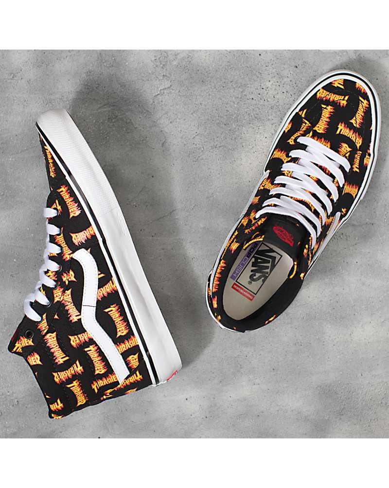 Men's Vans X Thrasher Skate Sk8-Hi Skate Shoes Black Gold | USA QFK-083926