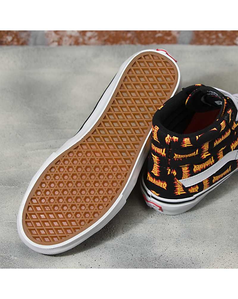 Men's Vans X Thrasher Skate Sk8-Hi Skate Shoes Black Gold | USA QFK-083926