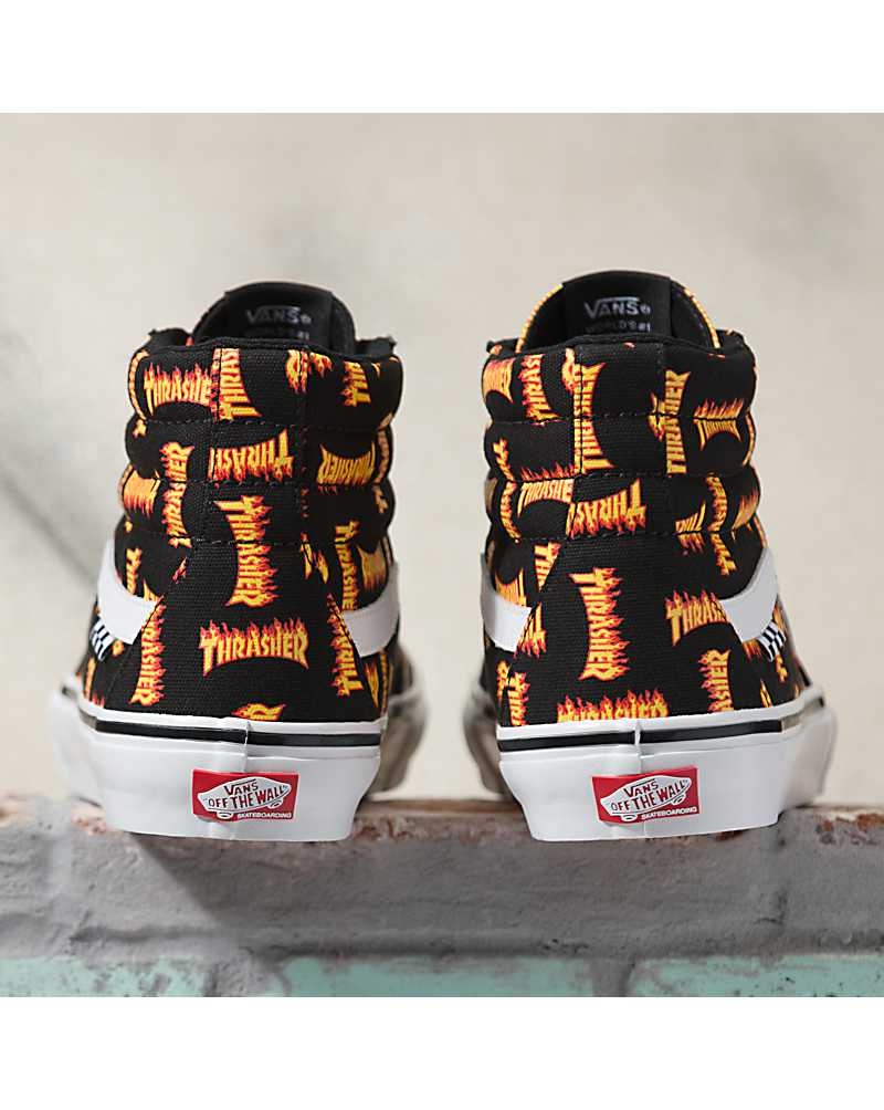 Men's Vans X Thrasher Skate Sk8-Hi Skate Shoes Black Gold | USA QFK-083926