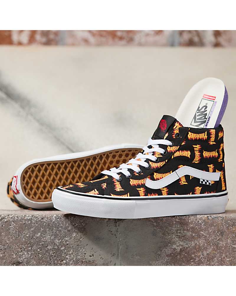 Men\'s Vans X Thrasher Skate Sk8-Hi Skate Shoes Black Gold | USA QFK-083926