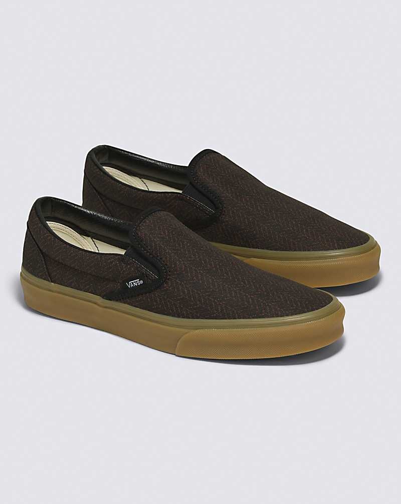 Women's Vans Classic Slip-On Herringbone Shoes Black Brown | USA HNV-187052