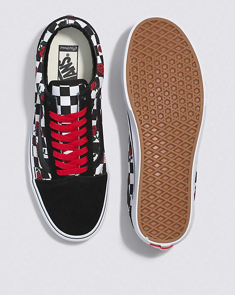 Women's Vans Customs Checkerboard Old Skool Roses Shoes Black Red | USA UYD-036194