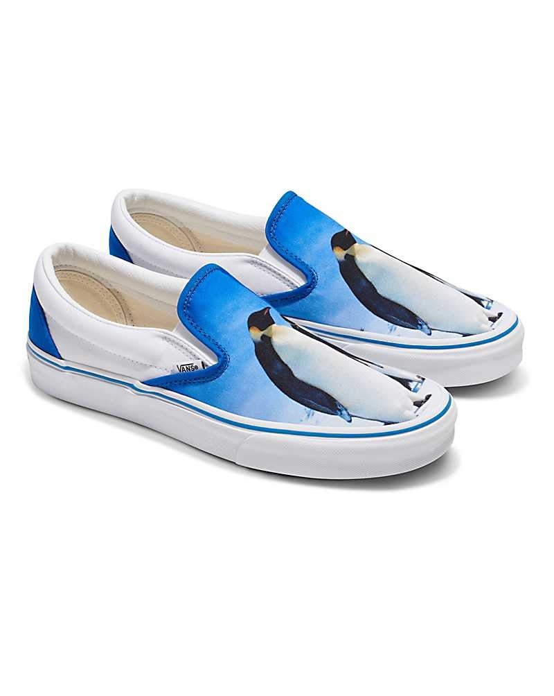 Women's Vans Customs Image Library Penguin Slip-On Shoes Blue | USA SFO-015984