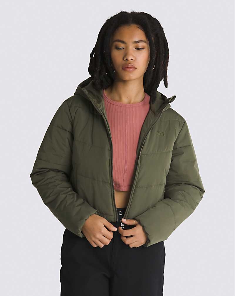 Women\'s Vans Foundry Crop Puff Hooded MTE-1 Jacket Olive | USA EGL-218490