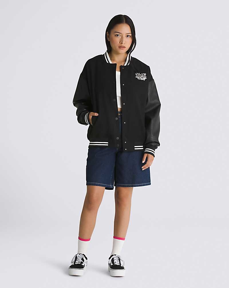 Women's Vans Varsity Club Bomber Jacket Black | USA VOS-186934